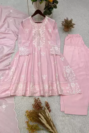 pink color sequance and embroidery work silk blend salwar suit