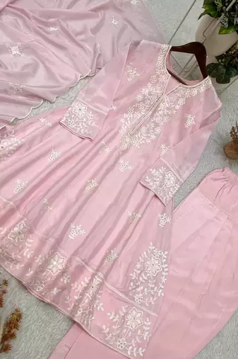 pink color sequance and embroidery work silk blend salwar suit