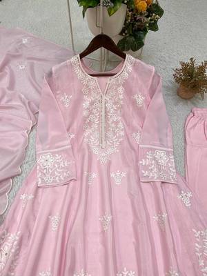 pink color sequance and embroidery work silk blend salwar suit 5