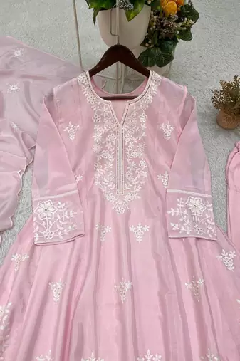 pink color sequance and embroidery work silk blend salwar suit