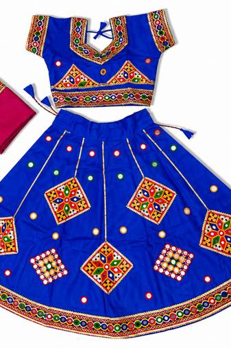 Blue kutch work embroidered cotton mirrorwork chaniya choli set with dupatta