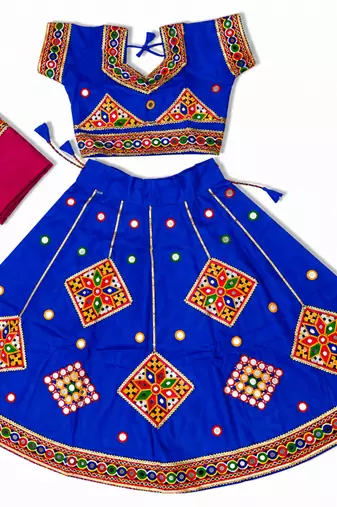Blue kutch work embroidered cotton mirrorwork chaniya choli set with dupatta