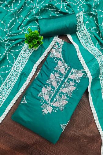 women's sea green unstitched roman silk dress material with embroidered dupatta