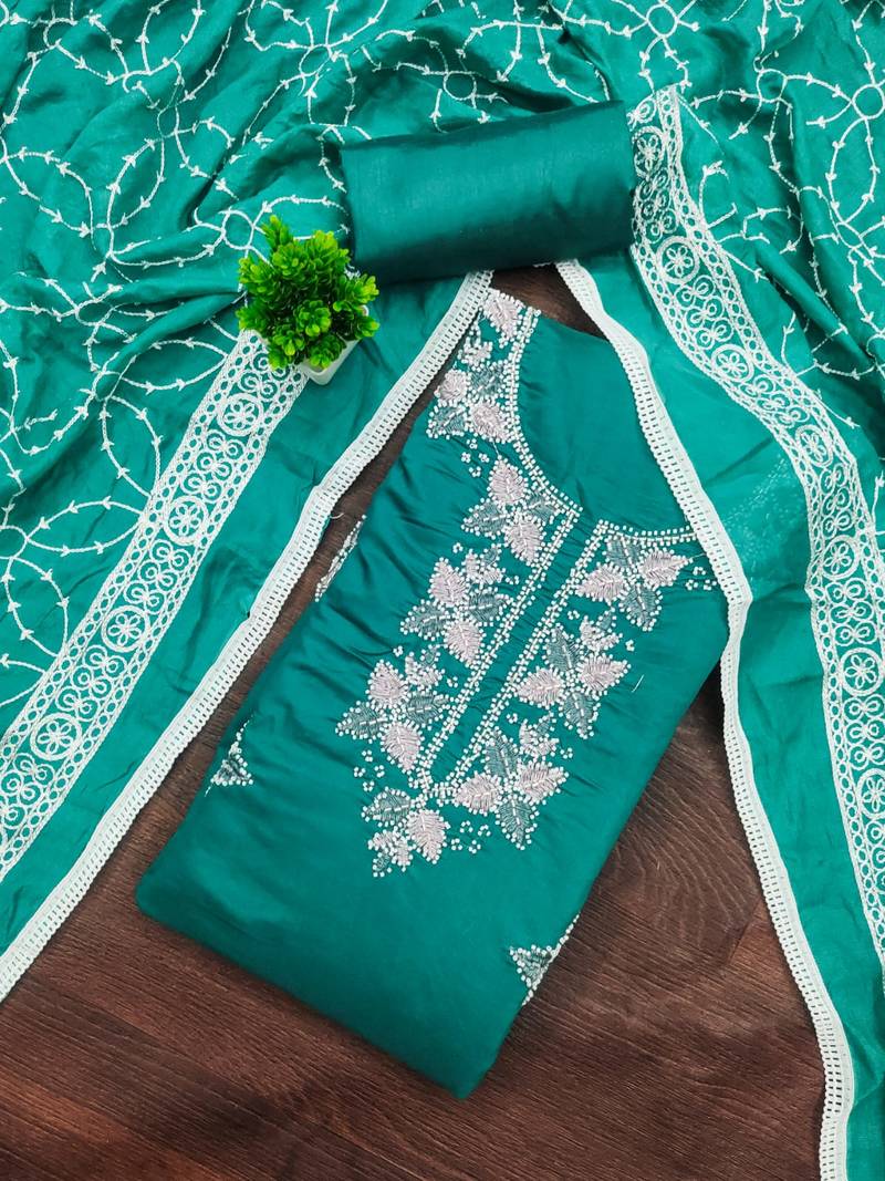 women's sea green unstitched roman silk dress material with embroidered dupatta