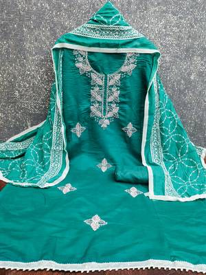 women's sea green unstitched roman silk dress material with embroidered dupatta 2