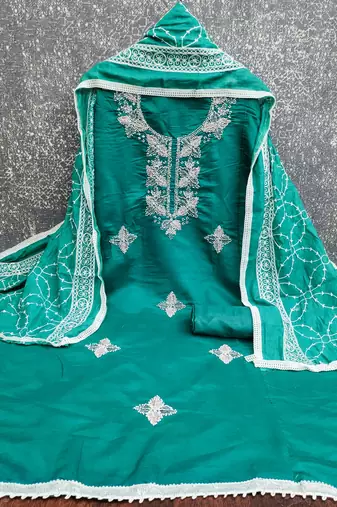 women's sea green unstitched roman silk dress material with embroidered dupatta