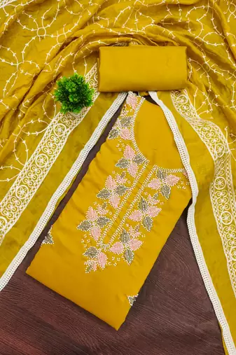 women's mustard unstitched roman silk dress material with embroidered dupatta