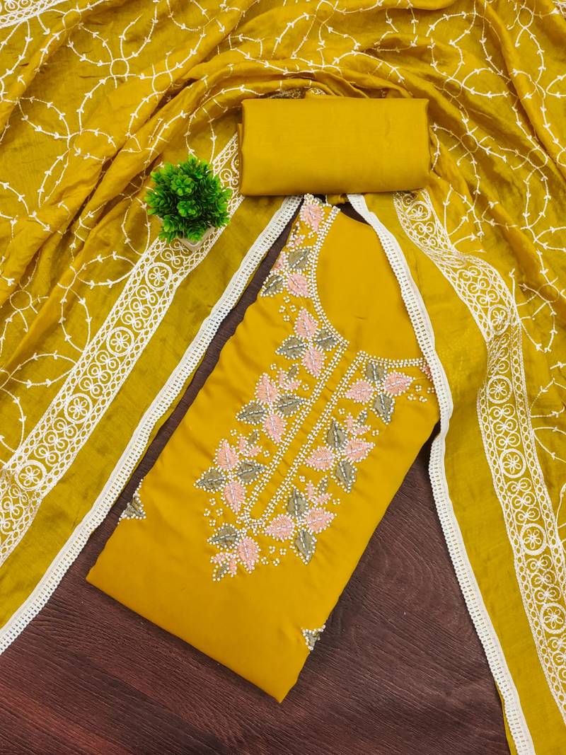 women's mustard unstitched roman silk dress material with embroidered dupatta