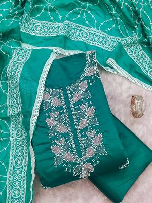 women's sea green unstitched roman silk dress material with embroidered dupatta 3