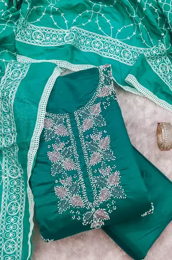 women's sea green unstitched roman silk dress material with embroidered dupatta