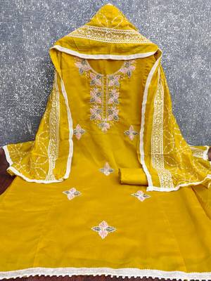 women's mustard unstitched roman silk dress material with embroidered dupatta 3