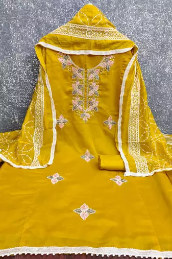 women's mustard unstitched roman silk dress material with embroidered dupatta
