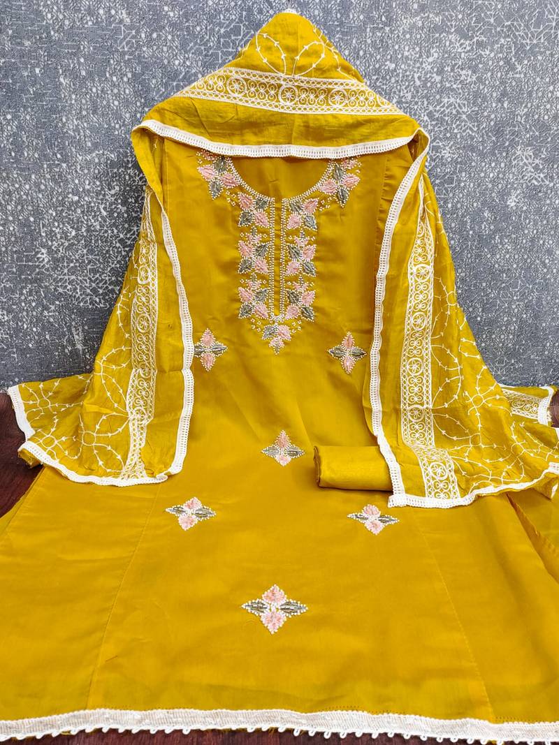 women's mustard unstitched roman silk dress material with embroidered dupatta
