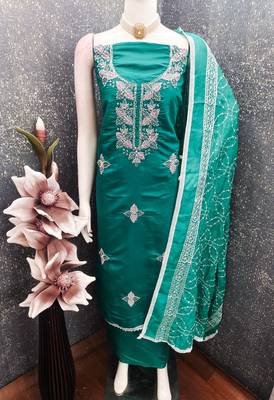 women's sea green unstitched roman silk dress material with embroidered dupatta 4