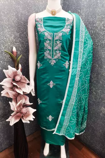 women's sea green unstitched roman silk dress material with embroidered dupatta