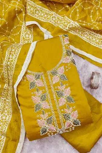 women's mustard unstitched roman silk dress material with embroidered dupatta