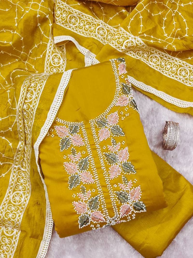 women's mustard unstitched roman silk dress material with embroidered dupatta