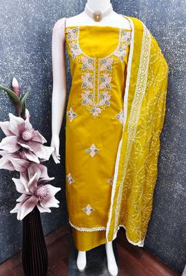women's mustard unstitched roman silk dress material with embroidered dupatta 1