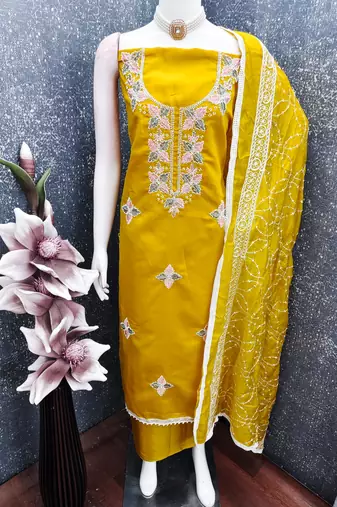 women's mustard unstitched roman silk dress material with embroidered dupatta