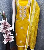 women's mustard unstitched roman silk dress material with embroidered dupatta
