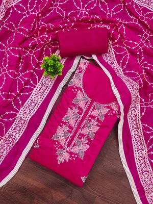 women's magenta unstitched roman silk dress material with embroidered dupatta 2