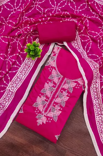 women's magenta unstitched roman silk dress material with embroidered dupatta