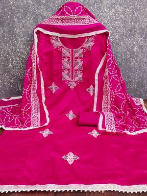 women's magenta unstitched roman silk dress material with embroidered dupatta 3