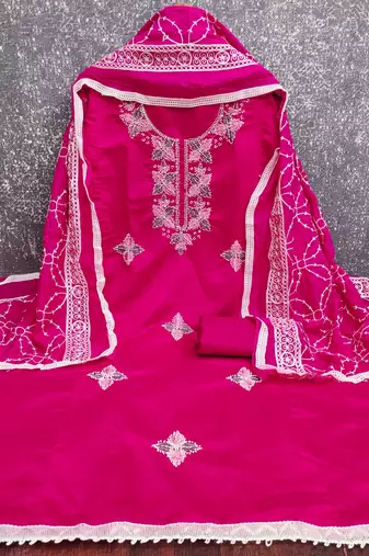 women's magenta unstitched roman silk dress material with embroidered dupatta