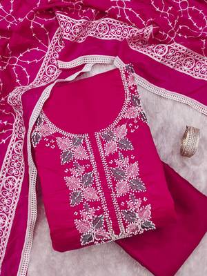 women's magenta unstitched roman silk dress material with embroidered dupatta 4