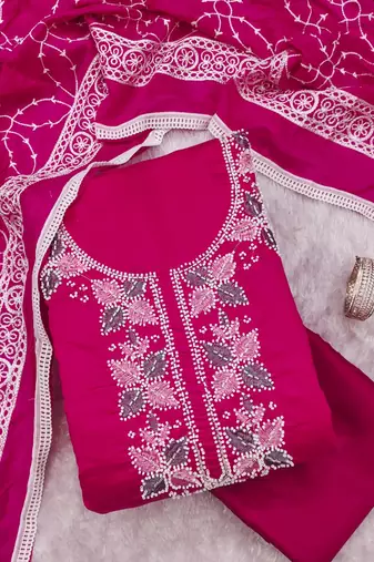 women's magenta unstitched roman silk dress material with embroidered dupatta