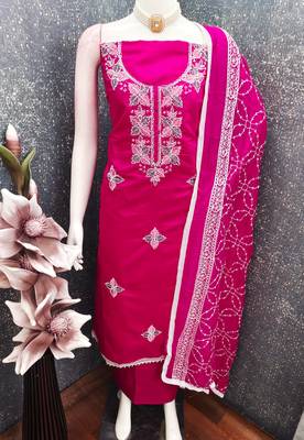 women's magenta unstitched roman silk dress material with embroidered dupatta 1