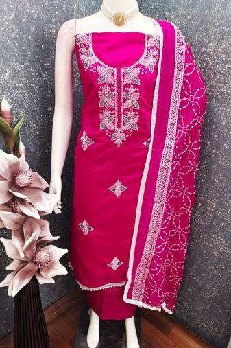 women's magenta unstitched roman silk dress material with embroidered dupatta