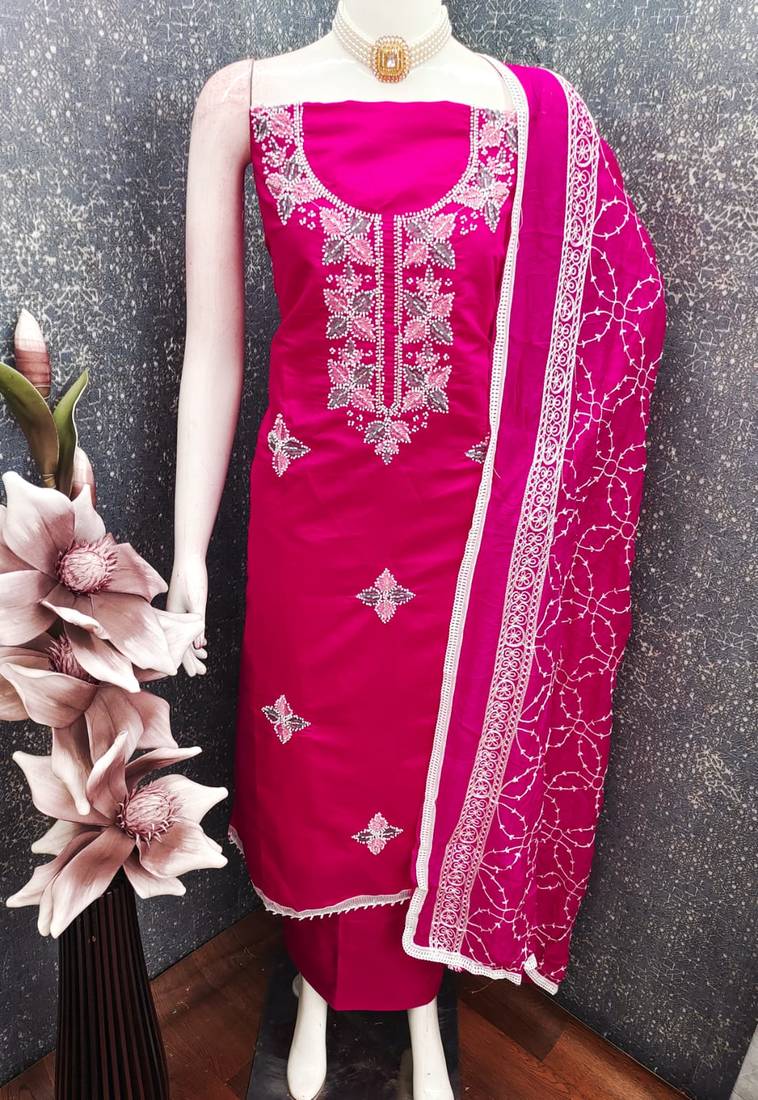 women's magenta unstitched roman silk dress material with embroidered dupatta