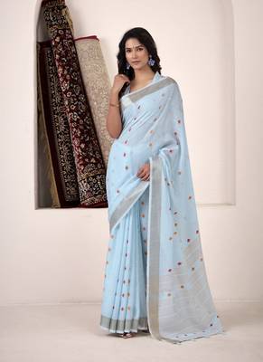 sky blue linen woven border saree 1