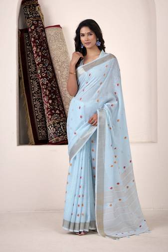 sky blue linen woven border saree