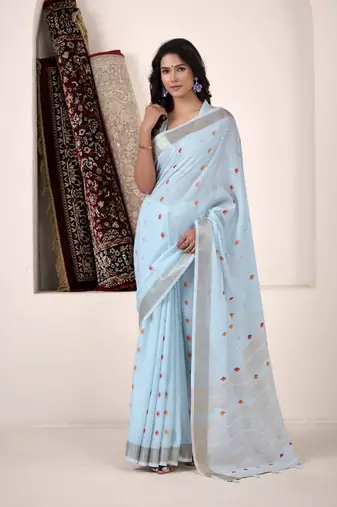 sky blue linen woven border saree