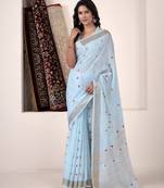 sky blue linen woven border saree