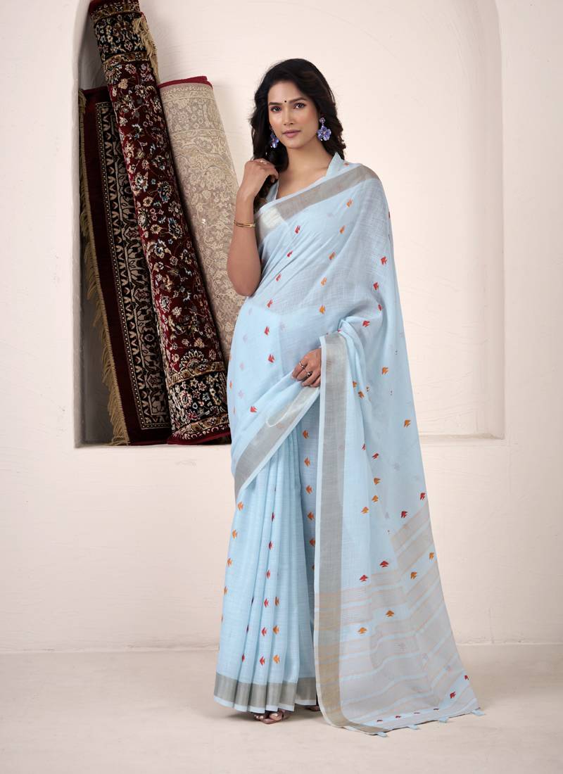 sky blue linen woven border saree