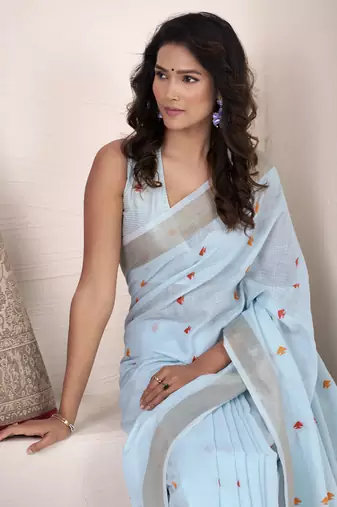 sky blue linen woven border saree