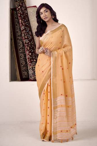 orange linen woven border saree