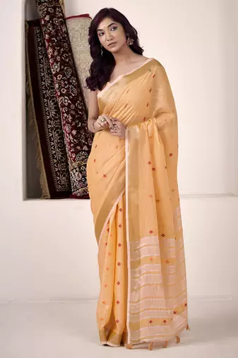 orange linen woven border saree