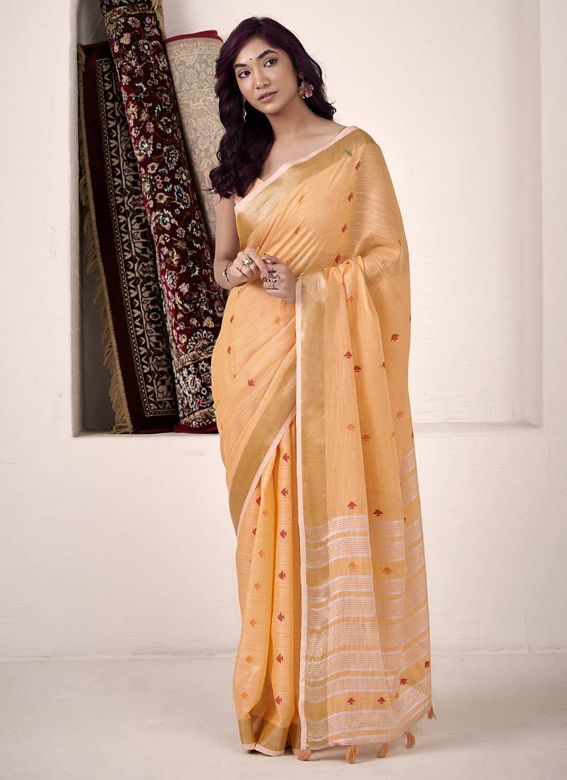 orange linen woven border saree