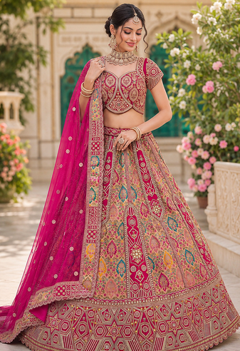 Rani Pink color Multi Thread Embroidery German Zari work Sequins Mirror work silk blend Lehenga Choli set