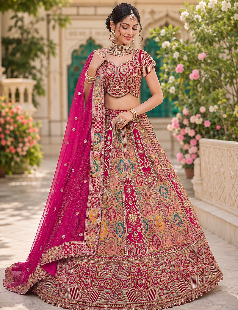 Rani Pink color Multi Thread Embroidery German Zari work Sequins Mirror work silk blend Lehenga Choli set