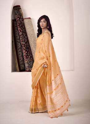 orange linen woven border saree 2