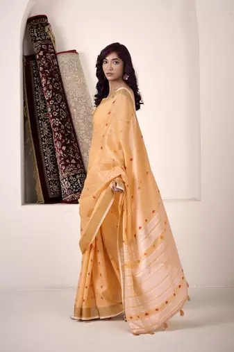 orange linen woven border saree
