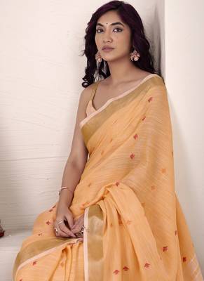orange linen woven border saree 3