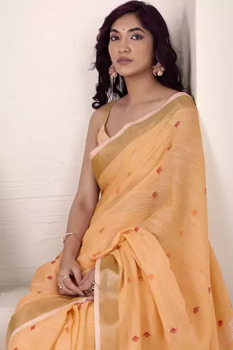 orange linen woven border saree
