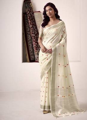 off white linen woven border saree 1