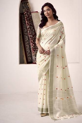 off white linen woven border saree